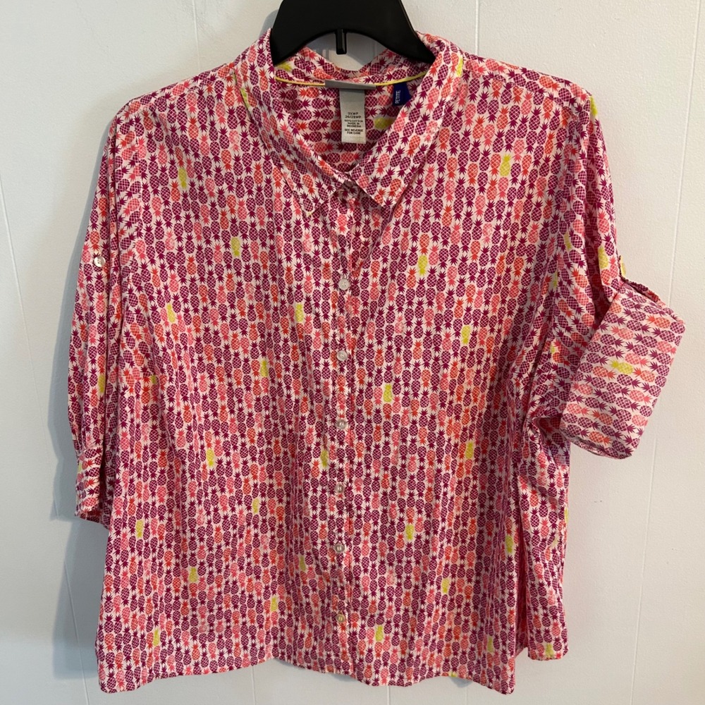 Catherines Pineapple Print Button Down Shirt Pink Plus Size‎ 3XWP 26/28WP Cotton